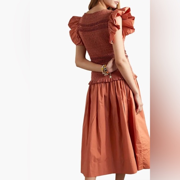 Ulla Johnson Flutter Sleeve Smocked Midi Madeline Dress, Clay Sz 2 (NWT) - Picture 5 of 9